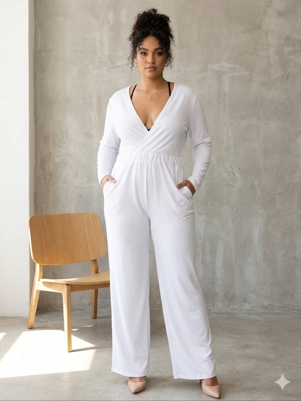 White Long-Sleeve V-Neck Jumpsuit